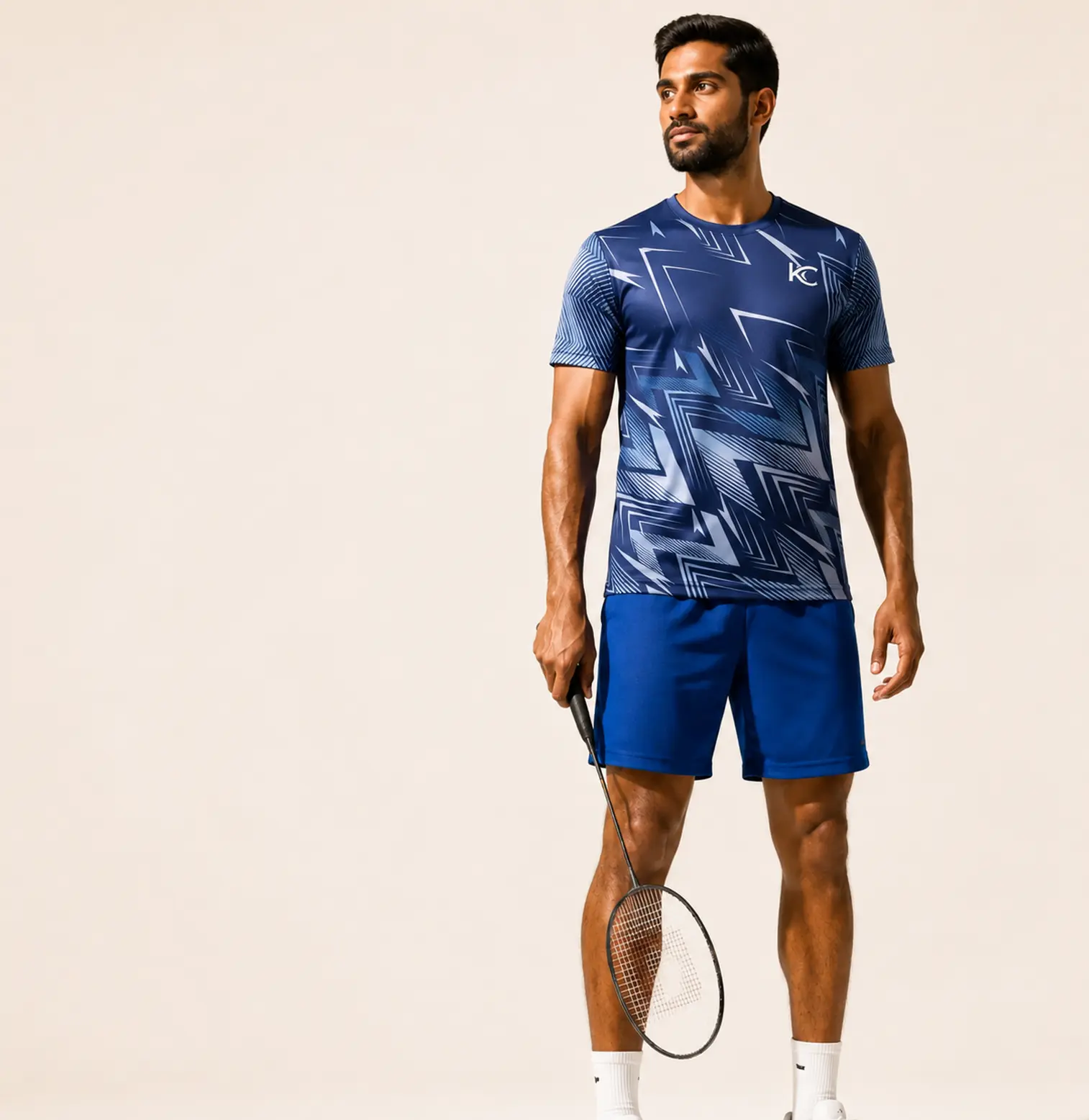 Indian badminton player wearing a royal-blue performance jersey